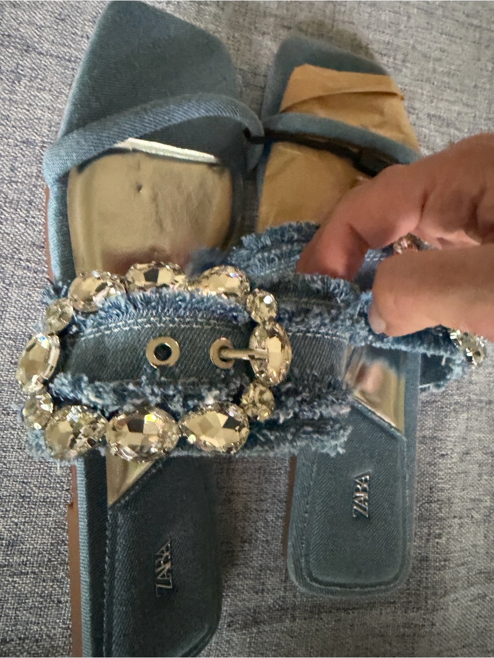 NWT Zara Denim Rhinestone Buckle Slide Sandals statement slides - Picture 2 of 5